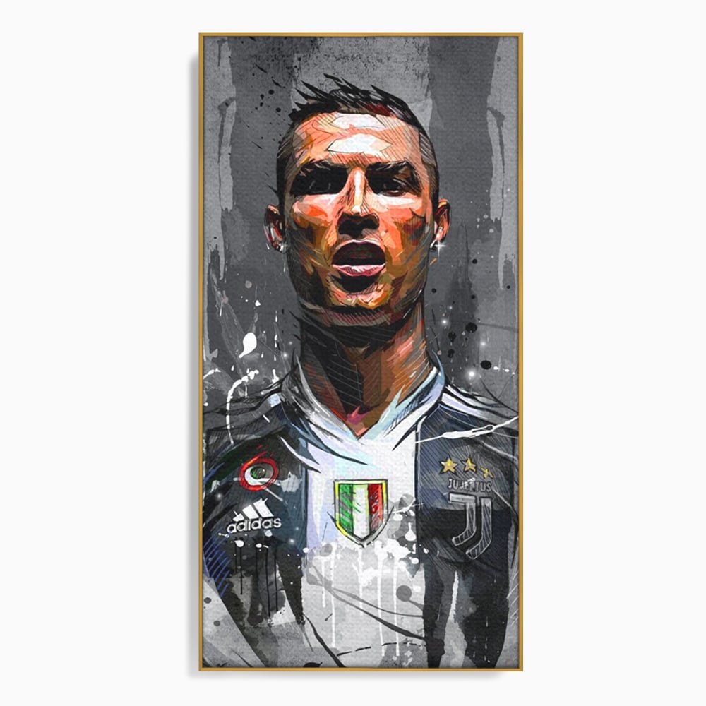 Tablou canvas cu tablou portret cristiano ronaldo juventus, in rama de aluminiu auriu